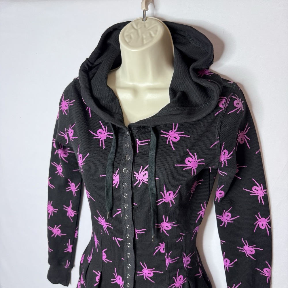 Betsey Johnson Y2K Spider Thermal Dress Sz  XS Black Pink Goth Witchy Hoodie - Picture 2 of 16